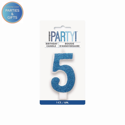 BLUE GLITTER NUMERAL CANDLE - # 5