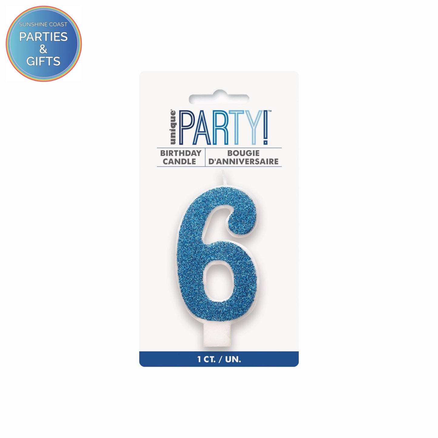 BLUE GLITTER NUMERAL CANDLE - # 6