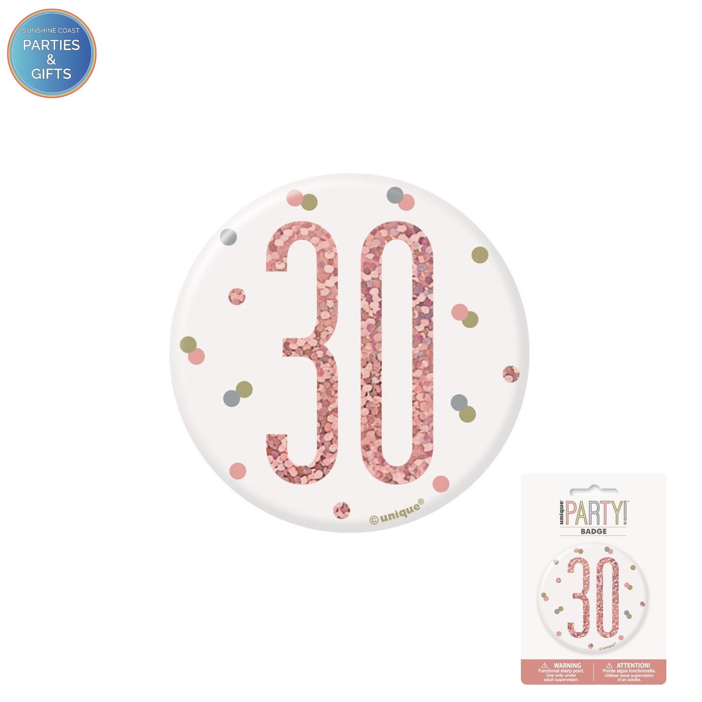 GLITZ ROSE GOLD 7.6CM BIRTHDAY BADGE - 30
