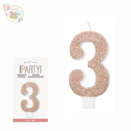 ROSE GOLD GLITTER NUMERAL CANDLE - # 3