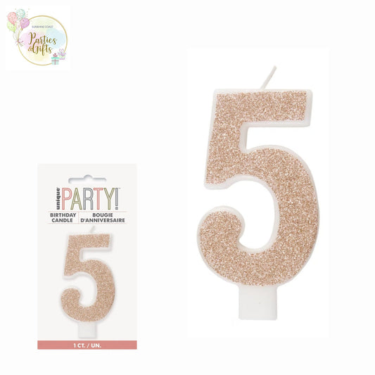 ROSE GOLD GLITTER NUMERAL CANDLE - # 5