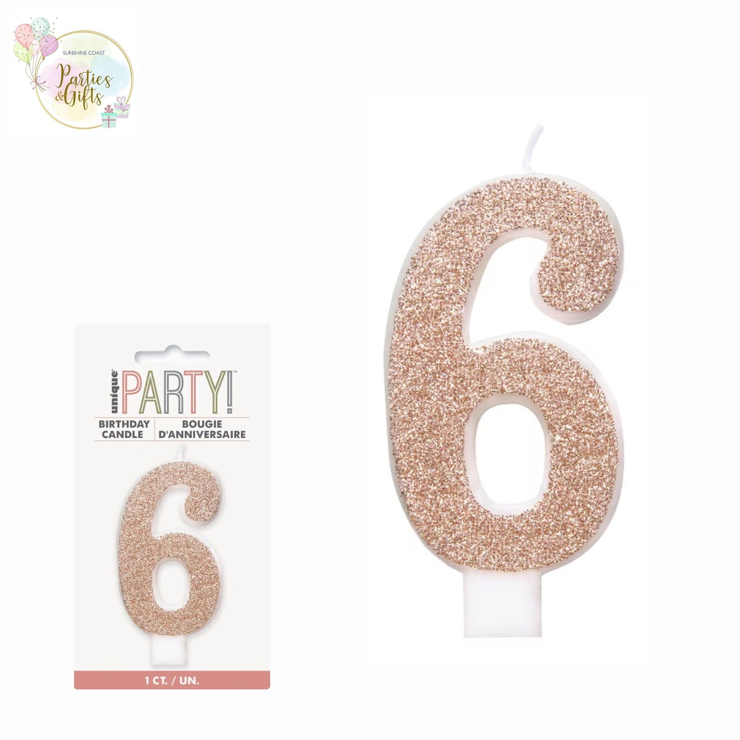 ROSE GOLD GLITTER NUMERAL CANDLE - # 6