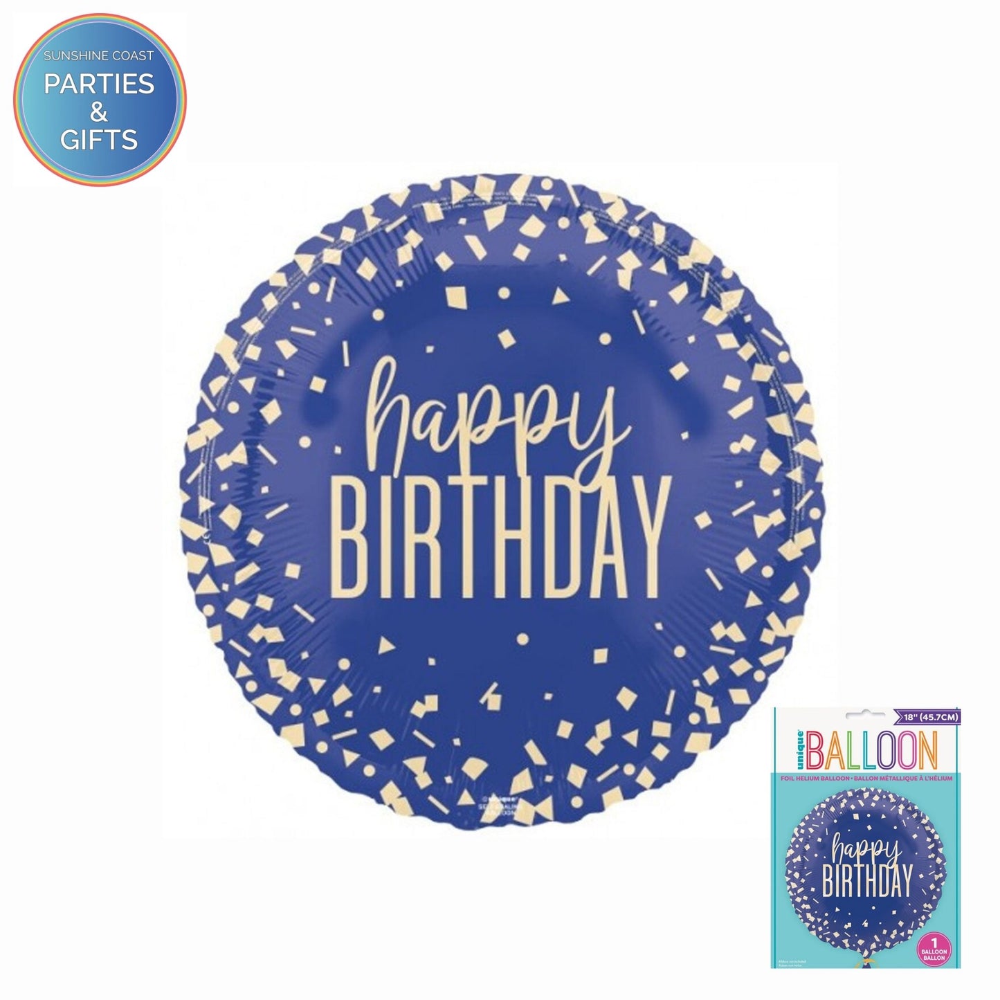 HAPPY BIRTHDAY BLUE GOLD CONFETTI FOIL BALLOON - 45CM