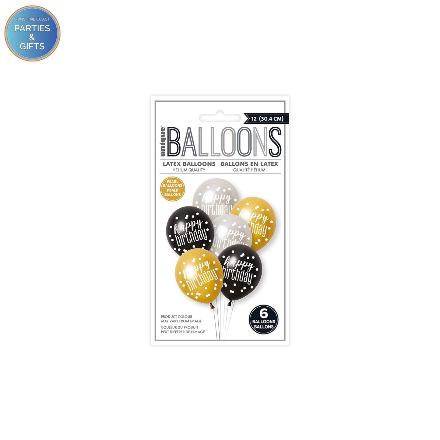 HAPPY BIRTHDAY BLACK, SILVER & GOLD PEARL LATEX BALLOONS 30.4CM - PACK OF 6