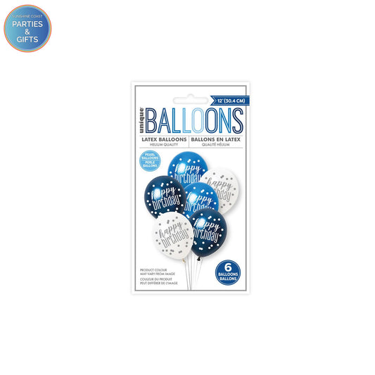 HAPPY BIRTHDAY NAVY, BLUE & WHITE PEARL LATEX BALLOONS 30.4CM - PACK OF 6