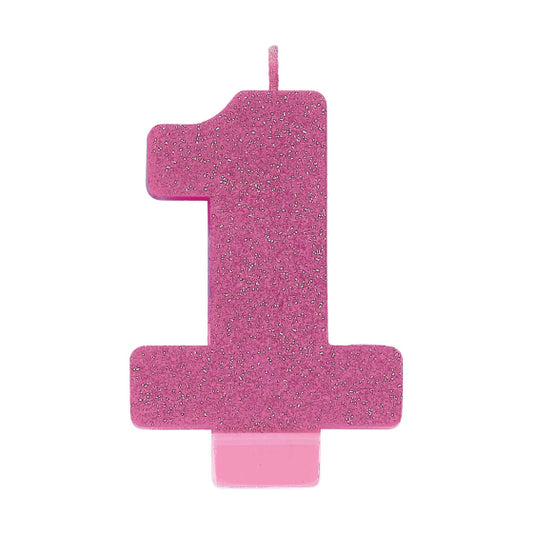 PINK GLITTER NUMERAL CANDLE - # 1