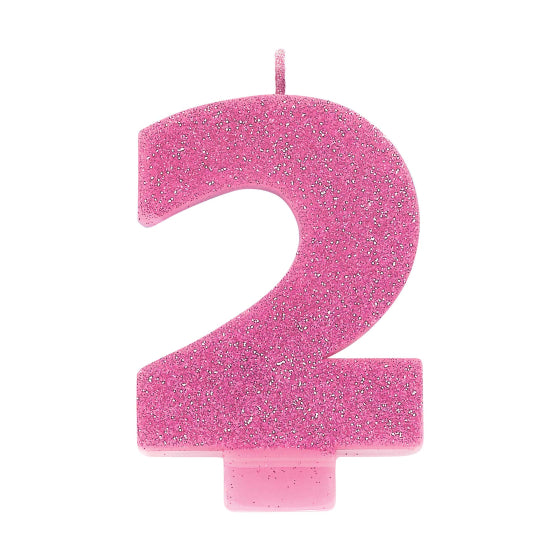 PINK GLITTER NUMERAL CANDLE - # 2
