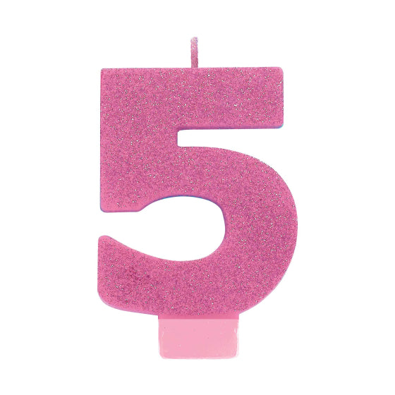 PINK GLITTER NUMERAL CANDLE - # 5