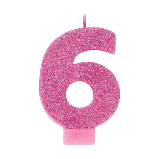 PINK GLITTER NUMERAL CANDLE - # 6