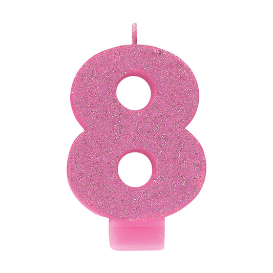 PINK GLITTER NUMERAL CANDLE - # 8