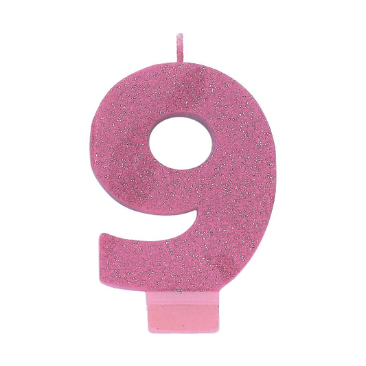 PINK GLITTER NUMERAL CANDLE - # 9