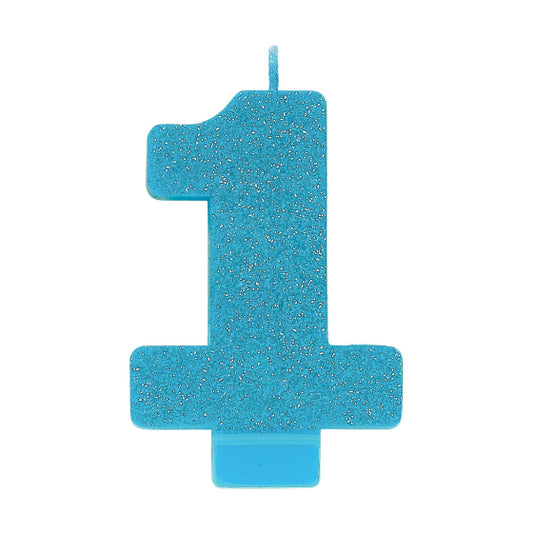 BLUE GLITTER NUMERAL CANDLE - # 1