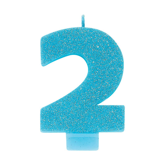 BLUE GLITTER NUMERAL CANDLE - # 2