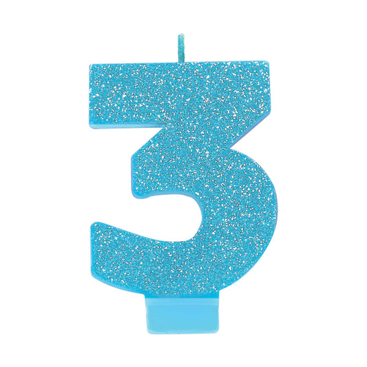 BLUE GLITTER NUMERAL CANDLE - # 3