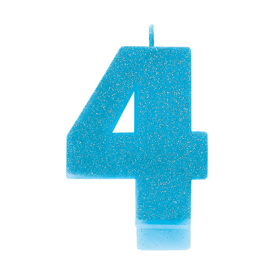 BLUE GLITTER NUMERAL CANDLE - # 4