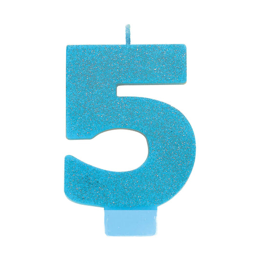 BLUE GLITTER NUMERAL CANDLE - # 5