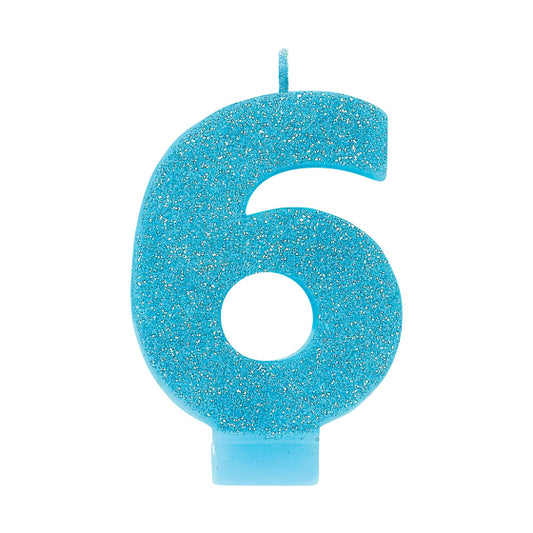BLUE GLITTER NUMERAL CANDLE - # 6