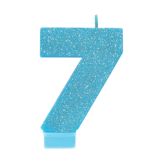 BLUE GLITTER NUMERAL CANDLE - # 7