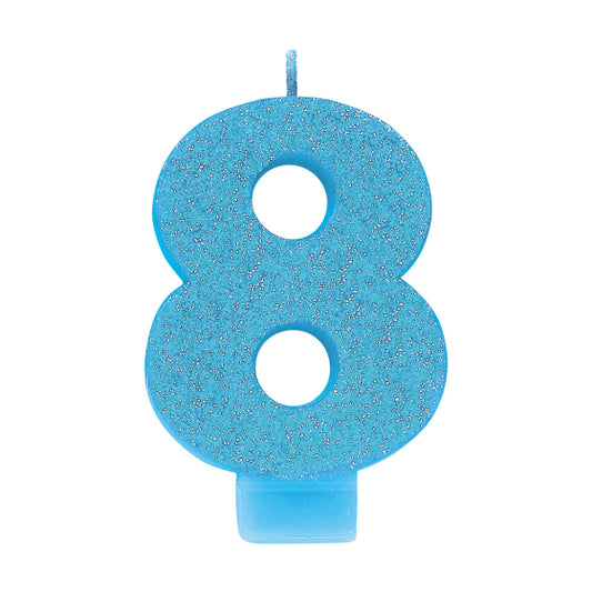 BLUE GLITTER NUMERAL CANDLE - # 8
