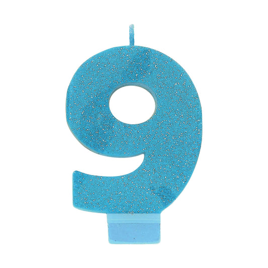 BLUE GLITTER NUMERAL CANDLE - # 9