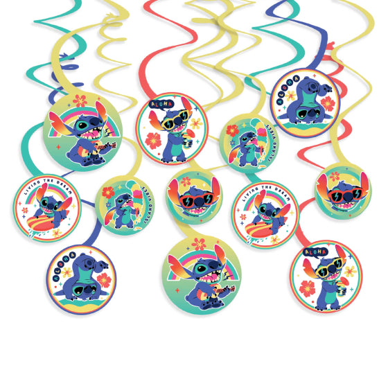 STITCH BIRTHDAY HANGING SWIRL DECORATIONS - 12 PIECES