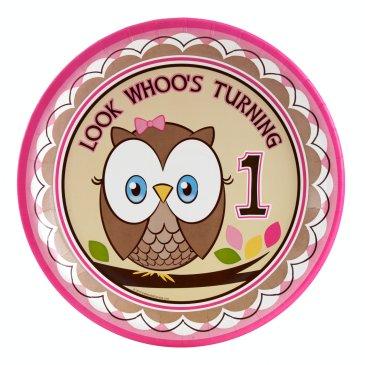 LOOK WHOO'S TURNING ONE ROUND PAPER PLATES 23CM - PACK OF 8
