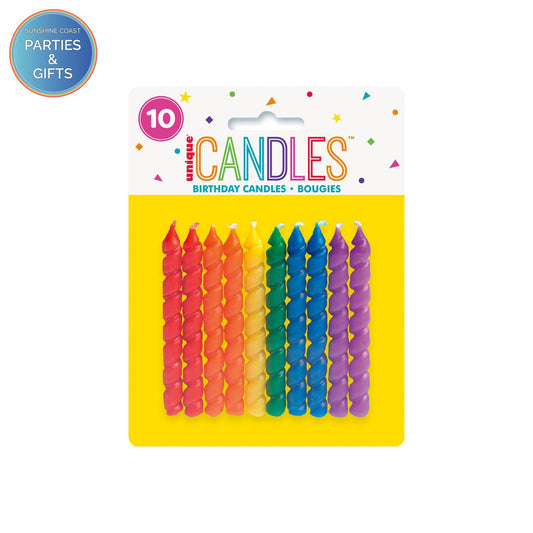 UNIQUE PARTY BIRTHDAY SPIRAL CANDLES - RAINBOW - PACK OF 10