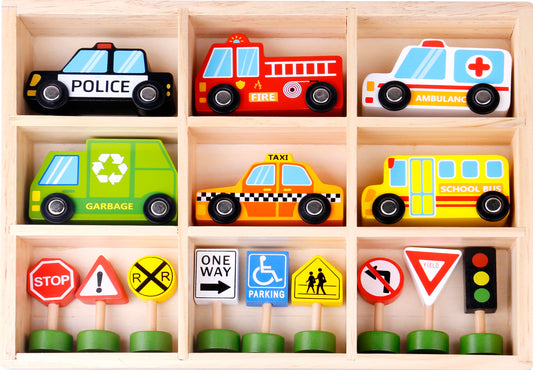 TOOKY TOY TRANSPORTATION VEHICLES AND STREET SIGNS SET - 16 PIECES