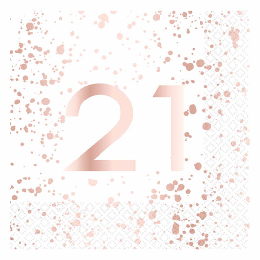 ROSE GOLD AND WHITE 21ST BIRTHDAY LUNCH NAPKINS - PACK OF 16