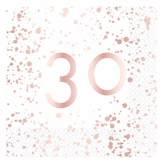 ROSE GOLD AND WHITE 30TH BIRTHDAY LUNCH NAPKINS - PACK OF 16