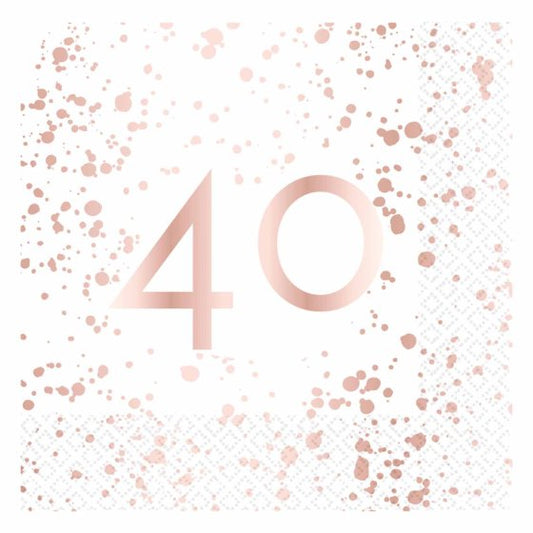 ROSE GOLD AND WHITE 40TH BIRTHDAY LUNCH NAPKINS - PACK OF 16