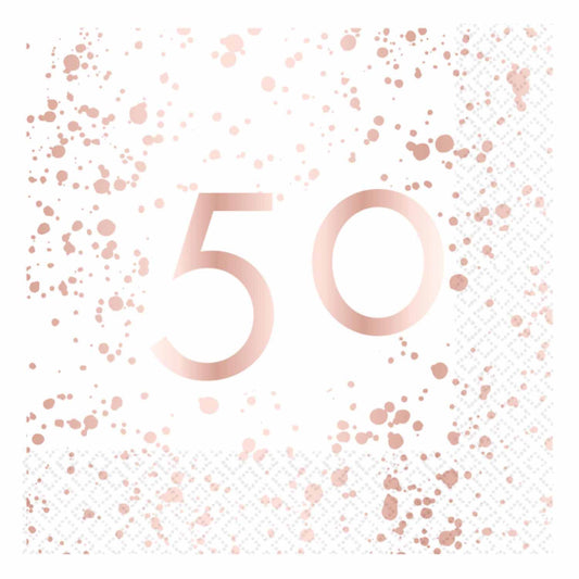 ROSE GOLD AND WHITE 50TH BIRTHDAY LUNCH NAPKINS - PACK OF 16