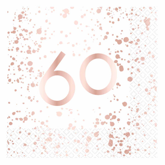 ROSE GOLD AND WHITE 60TH BIRTHDAY LUNCH NAPKINS - PACK OF 16
