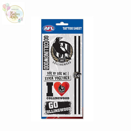 AFL COLLINGWOOD MAGPIES TEMPORARY TATTOO SHEET