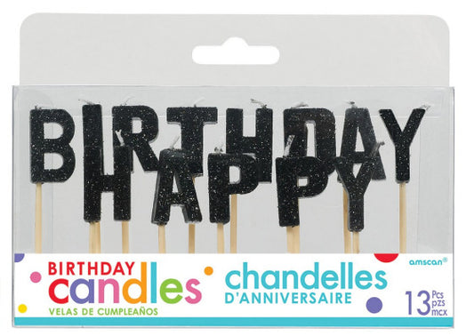 HAPPY BIRTHDAY PICK CANDLES - GLITTER BLACK - 13 PIECES