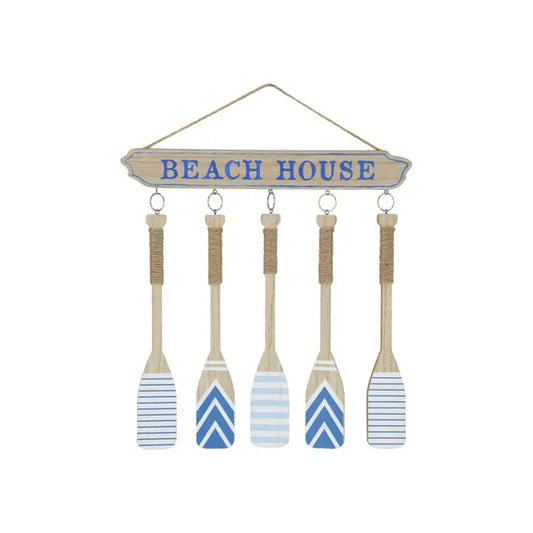 BEACH HOUSE SIGN WITH HANGING OARS - 38CM x 37CM