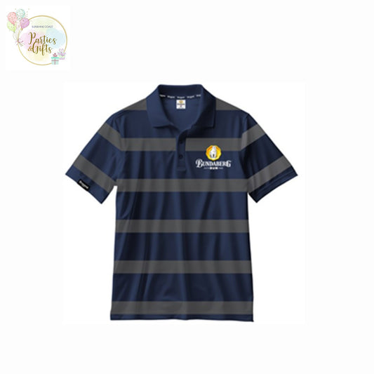 BUNDABERG RUM BUNDY BEAR NAVY & GREY STRIPED MEN'S POLO SHIRT