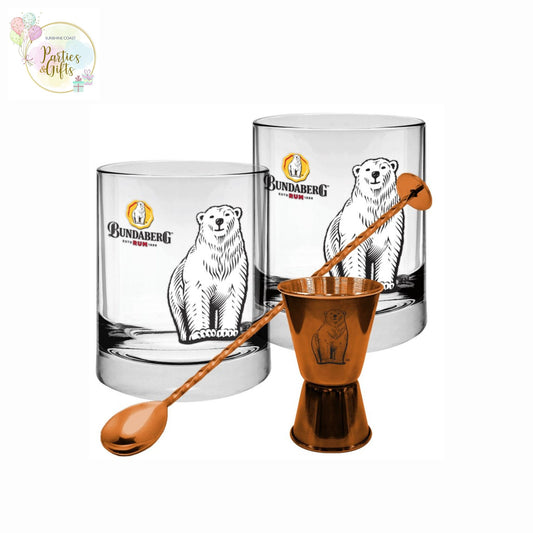 BUNDABERG RUM ROUND SPIRIT GLASS, JIGGER & STIRRER GIFT SET