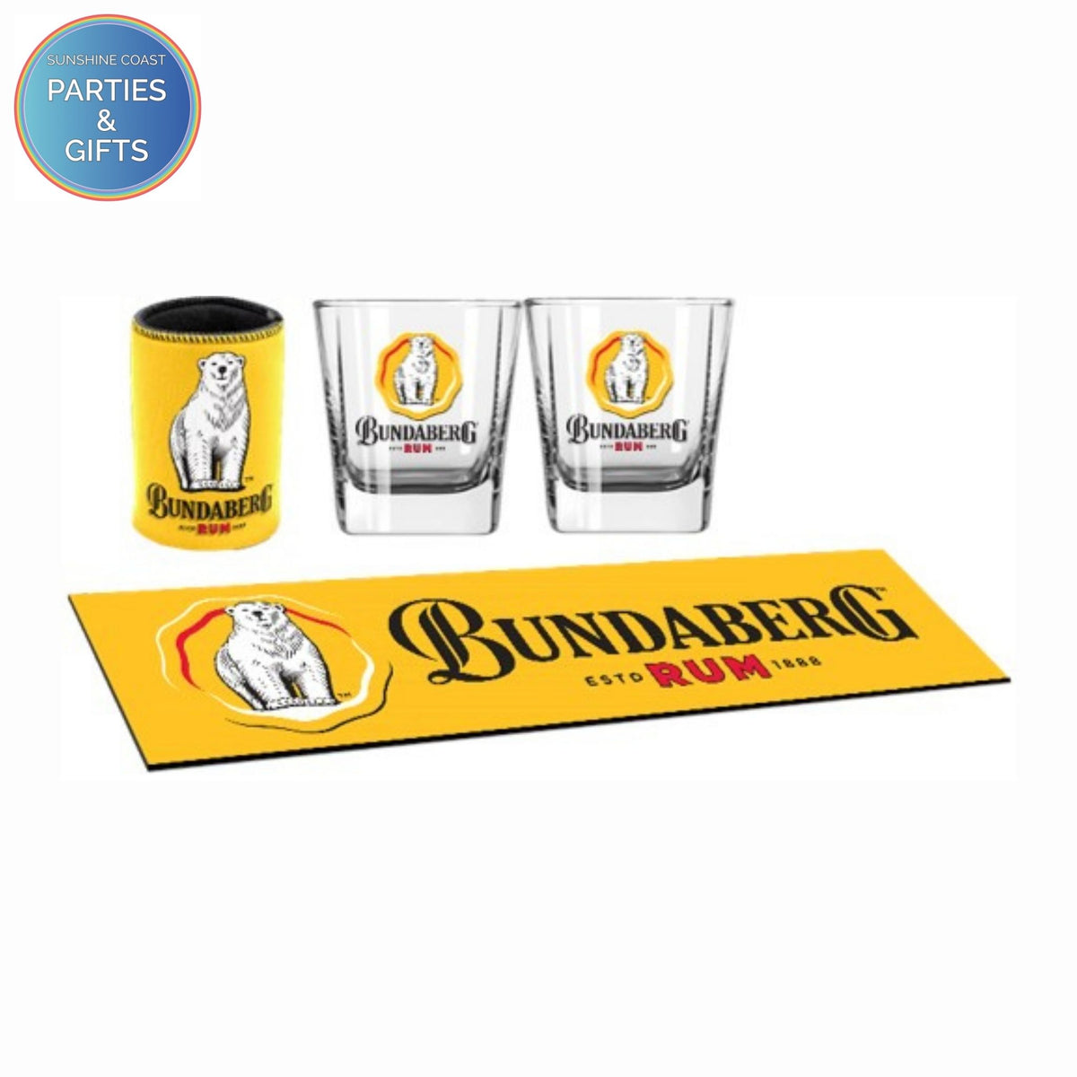 BUNDABERG RUM BAR RUNNER, GLASSES AND CAN COOLER GIFT SET
