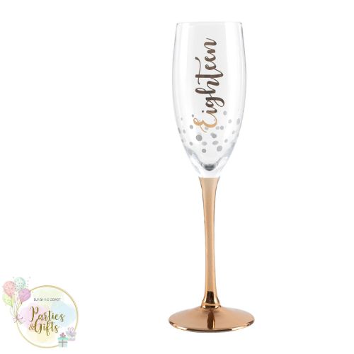 18TH BIRTHDAY "EIGHTEEN" ROSE GOLD STEM CHAMPAGNE GLASS