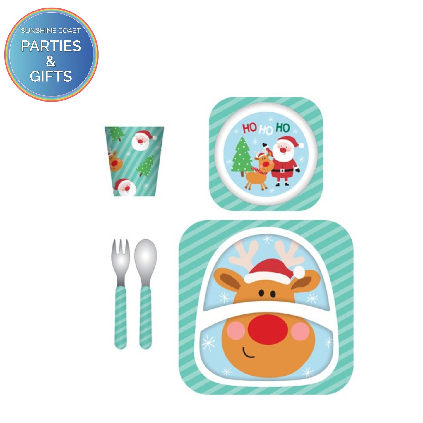 CHRISTMAS FRANKIE & ME KIDS TABLEWARE BAMBOO SET - 5 PIECE SET - SANTA & REINDEER