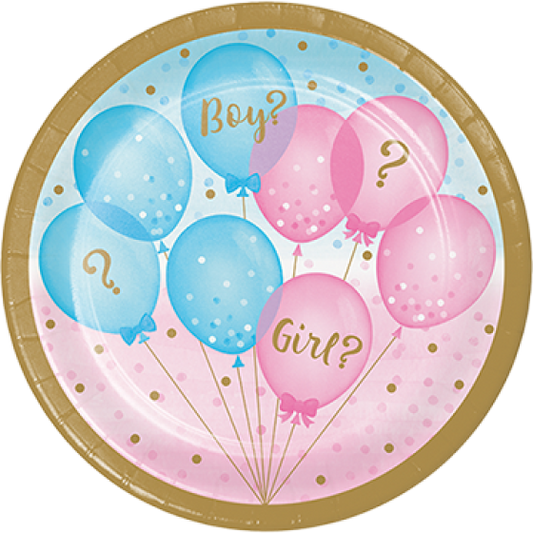 GENDER REVEAL ROUND PAPER PLATES 17.4CM - PACK OF 8