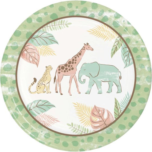 BABY SHOWER SAFARI BABY ROUND PAPER PLATES 22.2CM - PACK OF 8
