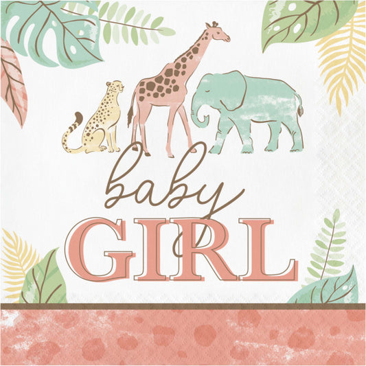 BABY SHOWER SAFARI BABY GIRL LUNCH NAPKINS - PACK OF 16