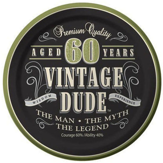 VINTAGE DUDE 60TH BIRTHDAY ROUND PAPER PLATES 17.4CM - PACK OF 8