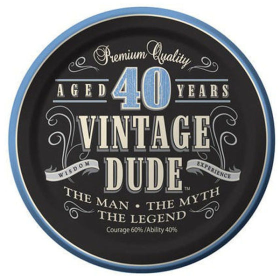 VINTAGE DUDE 40TH BIRTHDAY ROUND PAPER PLATES 17.4CM - PACK OF 8