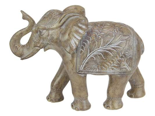 BROWN DECO ELEPHANT WITH LEAF PATTERN ORNAMENT - 22CM