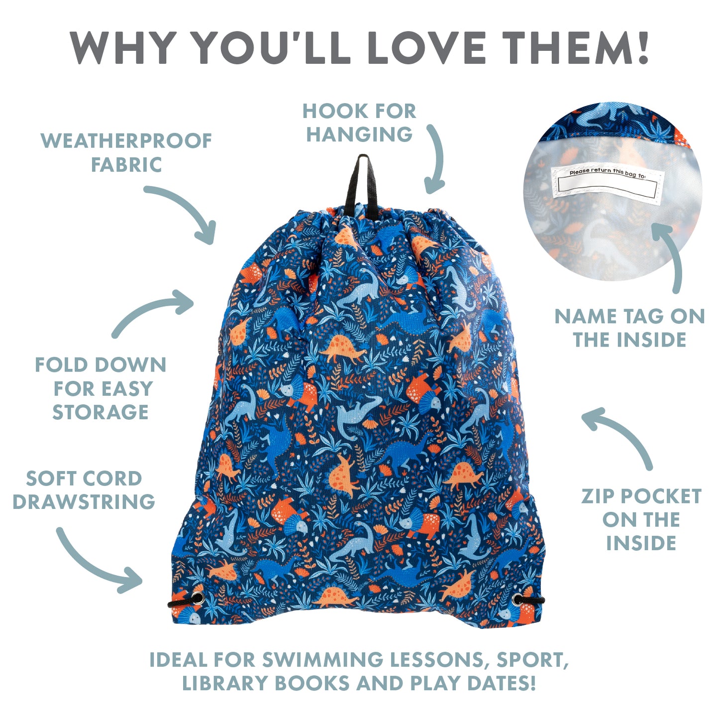 SPLOSH OUT & ABOUT DRAWSTRING BAG - DINOSAUR