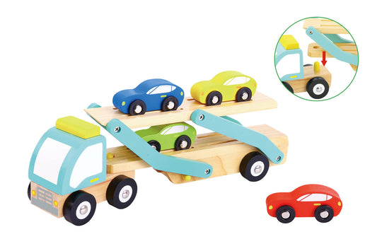 TOOKY TOY WOODEN CAR CARRIER AND CARS - 6 PIECES