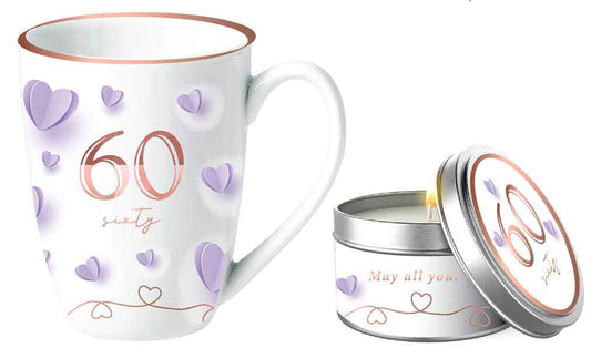 60TH BIRTHDAY CERAMIC MUG AND CANDLE GIFT SET